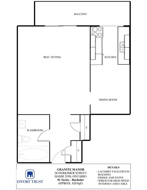 Floor plan for studio, 1 bath, 600 sqft
